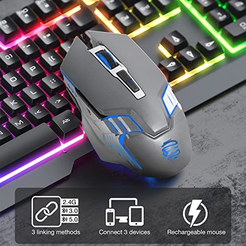Wireless Bluetooth Mouse Rechargeable, Multi Device(Bt5.0/3.0+Usb) Ergonomic Computer Mouse With 800Mah High Capacity Battery, 7-Color Backlit, Silent Click, For Laptop Pc Windows Mac Os Android -Grey #TOP7