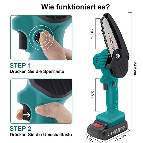 Awardroom 21V 4 Zoll Mini Kettensäge mit 2 Akku und Ladegerät, Einhand, mit Spritzschutz & Sicherheitssperre LED-Beleuchtung für Gartenscheren Astschere Holzschneiden, Batteriebetrieben – Bild 4