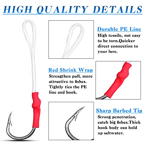 Fishing Assist Hooks With Pe Line Saltwater Jig Fishing Hooks Stainless Steel Jigging Assist Fishing Hooks Butterfly Jig Hooks Slow Pitch Jig Hooks For Trolling(9/0-25Pcs) #TOP1