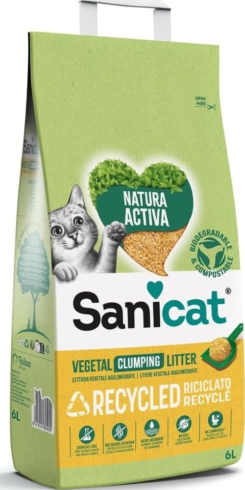Sanicat - Arena vegetal aglomerante reciclada Natura activa , Absorción superior y control de olores, es de origen natural, biodegradable y compostable, 6 L de capacidad