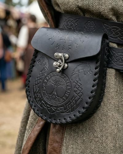 Image of Leather Belt Pouch Medieval Vintage Renaissance Viking LARP Cosplay Costumes Drawstring Coin Purse Phone Holder Waist Bag (Z-Dragon-Black)