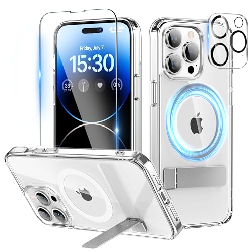 Niunisi Coque Magnétique pour iPhone 14 Pro Max Case, Béquille Coque avec Verre Trempé et Protection Camera Compatible avec Magsafe et Dos Fin avec Protection de Qualité Militaire Case, Transparent