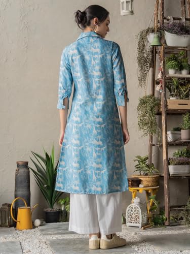 Image of ANNI Designer Women Printed Straight Kurta Palazzo Set | Viscose Blend Button Front Collar Neck Three Quarter Sleeve | Ethnic Outfit Ladies Office Casual Stylish Wear