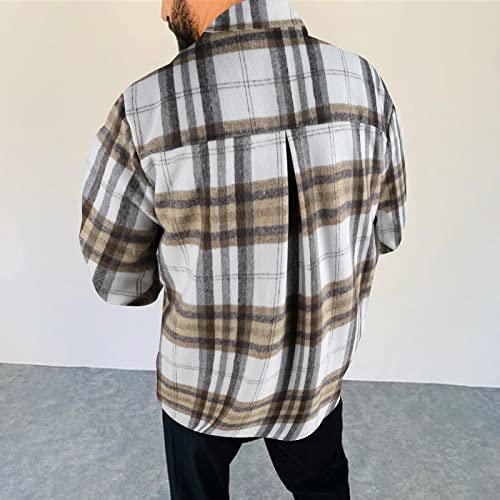 Gihuo Men's Flannel Shirt Casual Loose Long Sleeve Button Down Plaid Shacket Jacket(Khaki-L) #TOP1
