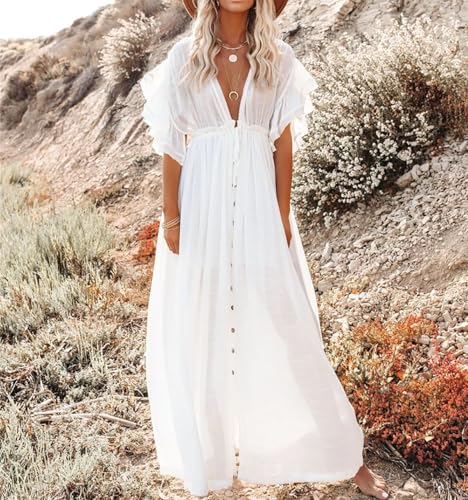 Image of R.Vivimos Maxi Dresses for Women 2026 Summer Short Sleeve V Neck Drawstring Tie Boho Loose Flowy Long Dresses with Pockets