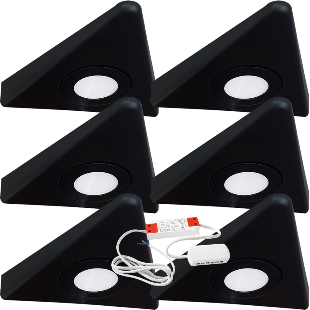 Loops Matt Black Bezel Modern Triangle Under Cabinet Kitchen Light & Driver Kit – Smooth Diffused Led – Slim Pyramid Worktop Light – Low Profile Surface Mounted (6X Light & Driver, Natural White Led, )