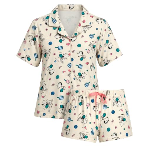 Image of COCO BRANDS Peanuts Snoopy Womens Pajama Set - 2 Piece Short Sleeve Button Down Sleep Shirt and Pajama Shorts