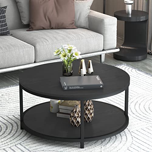 Image of NSdirect Round Coffee Table, 36 inch Rustic Wooden Surface Top & Sturdy Metal Legs Industrial Sofa Table for Living Room Modern Design Home Furniture with Storage Open Shelf (Black Oak)