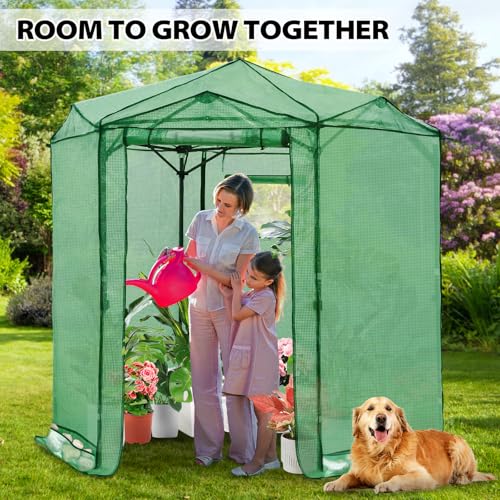 Image of EAGLE PEAK 6.6x6.6 Easy Setup Pop Up Greenhouse, Hexagon, Clear /Green