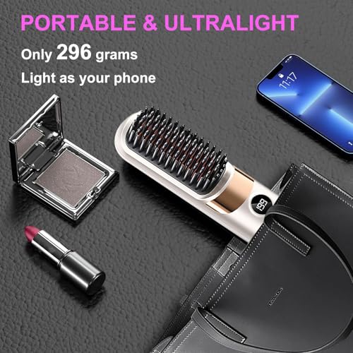 Image of Go Brush Pro Cordless Hair Straightener Brush - Portable Rechargeable Ceramic Styling Brush with 4 Adjustable Heat Modes & LED Display, Perfect for Travel & Everyday Use (Cream White)