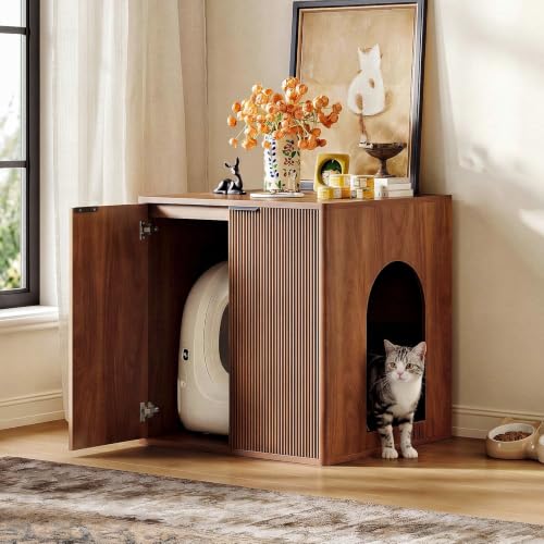 IRONCK 33.4 Tall Cat Litter Box Enclosure for Automatic Litter Box Fluted Hidden Litter Box Furniture with Storage Wooden Cat Litter Cabinet Side Table for Living Room Walnut
