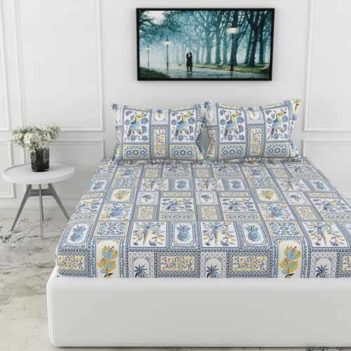 Image of LORETO - A QUALITY LINEN BRAND 144 TC 100% Pure Cotton King Size Fitted Bedsheet with 2 Pillow Covers for 72 x 72 Inch Mattress, All-Around Elastic, 8 Inch Deep Pocket, Royal Parrot Flora Print - Blue