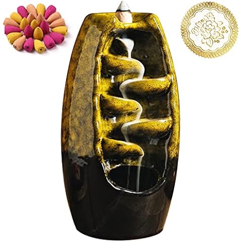 INONE Ceramic Incense Burner with 150 Cones, Waterfall Backflow Incense Holder, Aromatherapy Ornament, Zen Decor, Home Decor, Room Decor (Yellow) Cover