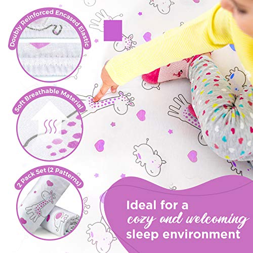 Stretchy Fitted Crib Sheets For Baby Girls, Ultra Soft Jersey Knit Cotton, Fits Standard Crib & Toddler Mattress, Size 28In X 52In, 2 Pack Set, Purple Elephants & Purple Animals Nursery Sheet #TOP2