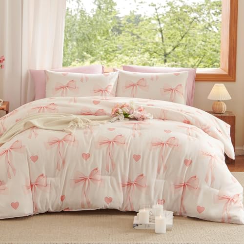 Image of Bow Duvet Cover Full Size Pink Bows Heart Bedding Set 3 Pieces Kids Girls Cute Soft Lightweight Microfiber Duvet Cover Set with Zipper Closure and 2 Pillowcases