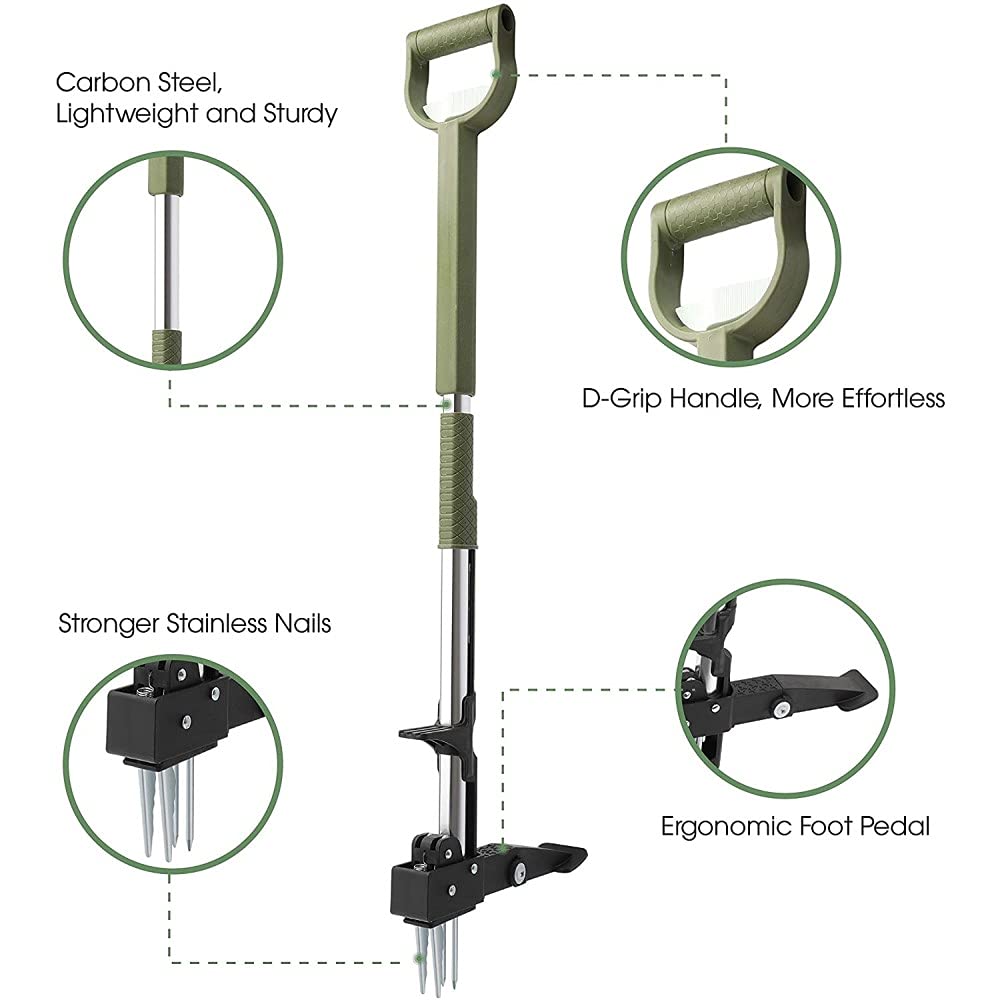 Extractor de malezas telescópico, longitud 99-119 cm, extractor de malas hierbas, herramienta de acero inoxidable, mango largo con 4 garras y placa de pie para plantas espinosas