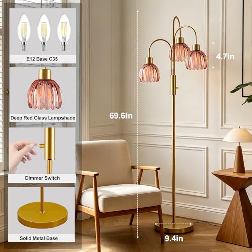 Image of 3-Light Glass Floor Lamp, 70 inch Gold Dimmable Standing Tall Lamp with Deep Red Glass Shades &3PCS 3000K Warm White Bulbs for Wedding /Party, Modern Tree Pole Lamp for Living Room Bedroom Home Decor