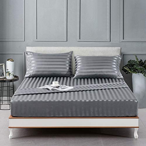 Image of Lanest Housing Satin-Silk Sheets Full Size Bed Set, Dark Grey Soft Cooling Deep Pocket Sheets, Hypoallergenic, Wrinkle and Fade Resistant Bedding Set, Striped