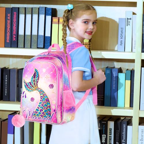 Image of HPJGD 3PCS Mermaid Backpack, Water Resistant Girls Bookbag Set with Lunch Box，Cute Kids Elementary School Bag for Preschool Toddler
