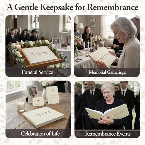 Image of Funeral Guest Book Set - Ivory Linen Hardcover with Black Gold Foil, 120 Acid-Free Lined Pages, Includes Table Sign & Welcome Card | 8.66x6.69 inch Memorial Sign-In Book for Funeral & Celebration of Life