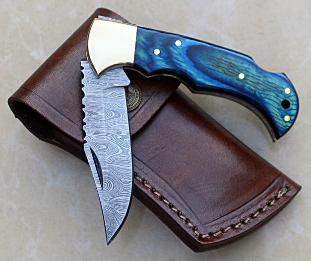 Nesmo-505 Handmade Damascus steel Personalized Folding Knife Groomsman Gift Pocket Knife with Back Lock Gift for Boyfriend Men Anniversary Wedding Birthday Gift with leather Pouch ( Blue Pakka Wood Handle)