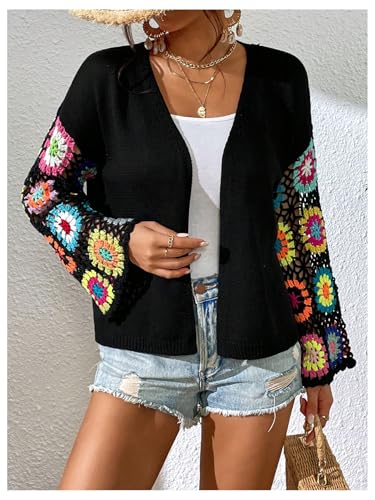Women's Floral Hollow Out Crochet Cardigan Sweater Long Sleeve Open Front Boho Knit Tops4
