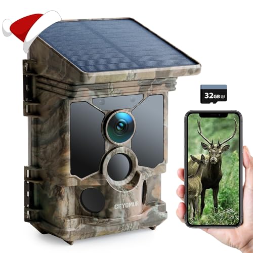 CEYOMUR Caméra de Chasse Solaire 4K 68MP 30fps, WiFi Bluetooth Camera de Chasse avec 5200mAh Batterie Rechargeable Carte Micro SD U3 32GB Vision Nocturne HD...