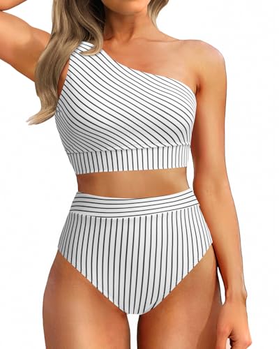 Image of Holipick Black Stripes Women One Shoulder High Waisted Bikini Sets Two Piece Swimsuit Tummy Control Bathing Suit Full Coverage Swimwear L