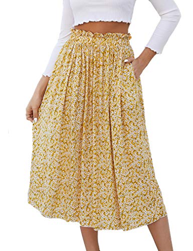 Naggoo Skirts for Women Floral Printed,High Waist Pleated Swing Midi Skirt Pockets (M, Yellow Floral)
