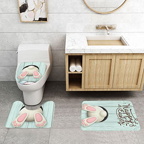 Hood-W4 Bath Mat Sets 3 Piece Easter White Bunny Rabbit Bathroom Rug Toilet Seat Lid Cover Soft Non Slip Absorbent U-Shaped Contour Shower Anti-Skid Washable Home Decorative, One Size #TOP1