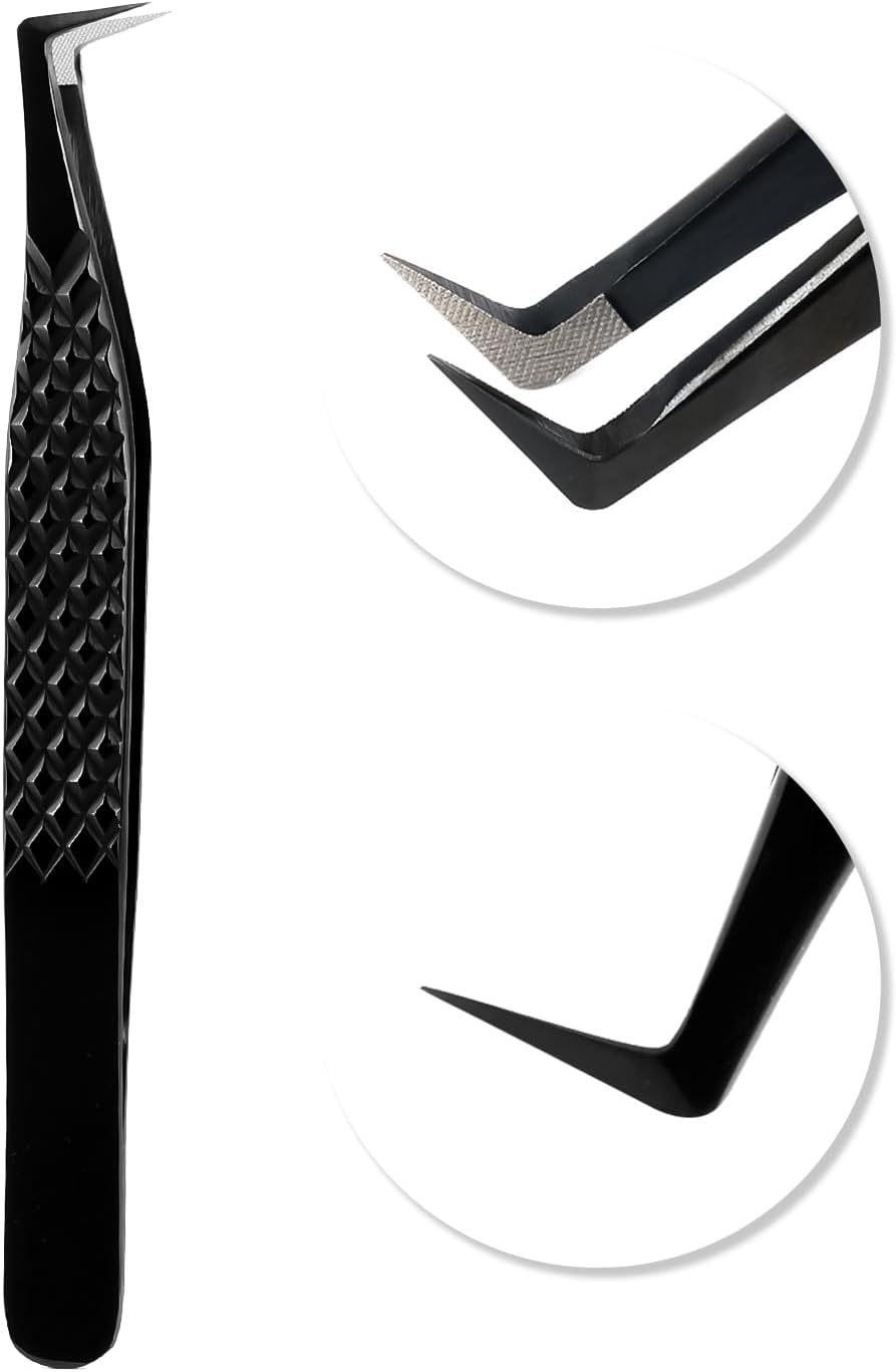VAVALASH Lash Tweezers for Eyelash Extensions, Fiber Tip Diamond Grip L-shaped Boot Tweezers for Lash Extension,Precision Black Lash Tweezers for Volume & Classic Lashes (L-shaped Boot Tweezers)