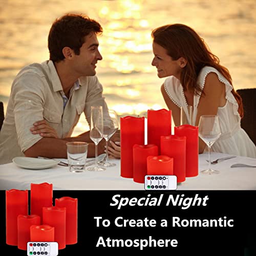 Battery Operated Led Flameless Candles Flickering Electric Fake Candles With Remote,Real Wax Pillar Battery Candles Timer Control,Pack Of 6 D 3" Red #TOP4