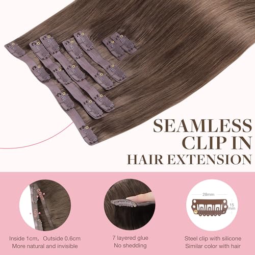Image of GOO GOO Clip in Hair Extensions Real Human Hair, Remy Human Hair Extensions Clip ins for Women, Natural Human Hair, 16inch 110g 7Pcs, 5 Light Ash Brown