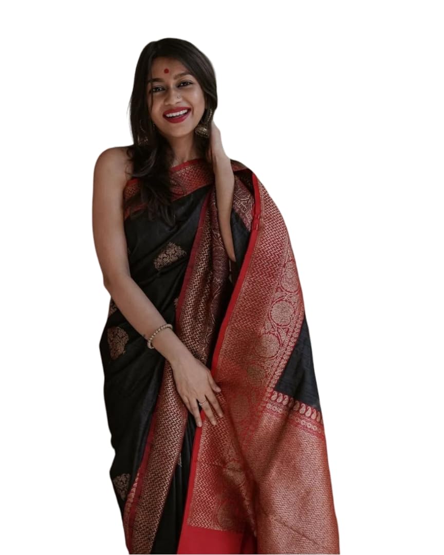 Flosive Women's Beautiful Black Kanjivaram Silk Saree With Zari Weaving Work