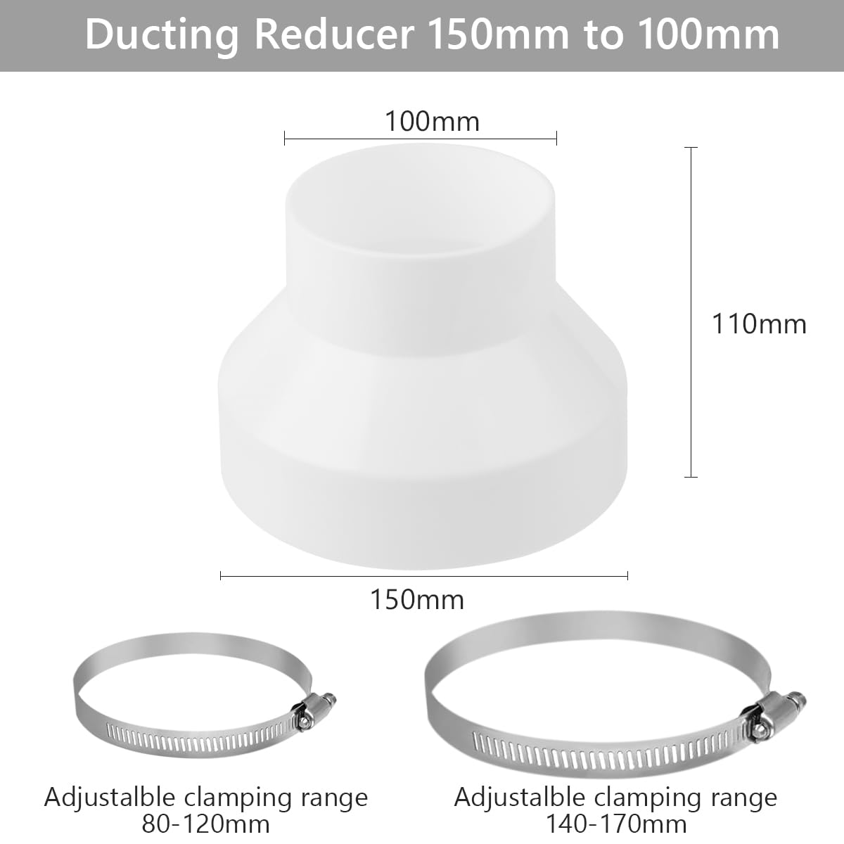 Amentalove Round Ducting Reducer 150mm to 100mm mit Stainless Hose Clips - Image 2