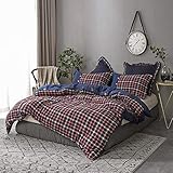 Simple&Opulence 100% Cotton and Flannel Duvet Cover Set, Blue and Red Grid Denim, 3 Piece Bedding Set Including 1 Comforter Cover and 2 Pillow Shams, Soft and Comfortable(King, Blue and Red)