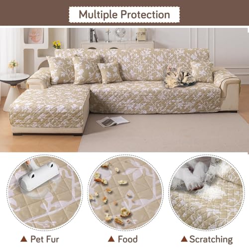 Image of HOKIPO 'Elira Series' Printed Quilted One-Piece L Shape 4 Seater (2+2) Sofa Cover with Left Chaise | Anti-Slip Design, Buff Brown Sillehoute Floral (NEW-AR-5373-C7)
