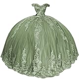 Youjiayi Dusty Sage Quinceanera Dresses with Train Gorgeous Lace Appliques Sweet 16 Dresses Puffy Tulle Off Shoulder Birthday Gowns Size 4