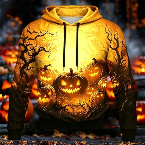 Hoodies for Men Halloween Pumpkin Print Hoodie Y2k Casual Long Sleeve Funny Pullover Streetwear Sweatshirt Holiday Orange - image 2