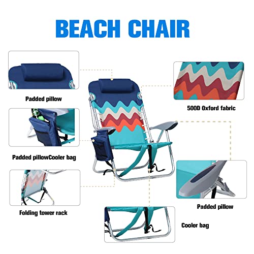 Green Party Backpack Beach Chair 2 Pack Aluminum Lightweight Folding Reclining Beach Chair With 4 Positions, Cooler Bag, Tower Bar And Armrest For Outdoor Camping Lawn, Support 250Lbs, Blue #TOP4