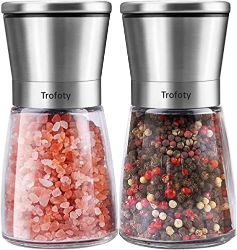 Salt and Pepper Grinder Set, Trofoty Stainless Steel Sea Salt & Pepper Grinder Refillable Set, Manual Adjustable Ceramic Salt and Pepper Grinders, Clear Glass Metal Pepper Mill Set - 2 Pack