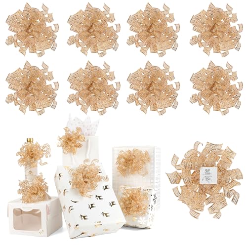 AIMUDI Champagne Curly Bows for Gift Wrapping 5'' Christmas Gift Bows Metallic Burst Bows Self Adhesive Bows for Treats Presents Crafts Christmas Party Favors, 8 PCs