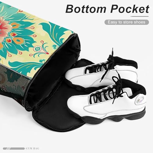 Drawstring Gym Backpack with Shoe Compartment And Wet Pocket, 28L Lightweight Waterproof Cartoon Floral Pattern Sports Backpack for Workout Swim Beach Travel String Bag for Men Women4