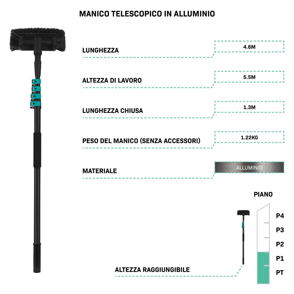 VONROC Spazzola telescopica- 4,60 m - Include spazzola multiuso, tubo flessibile da 6 metri e dispenser di sapone