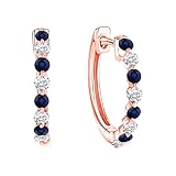 Round Cut Blue Sapphire & White Diamond Hoop Earrings For Women, 14K Yellow Gold Plated Silver September Birthstone Blue Sapphire Hoops & Huggies Earrings