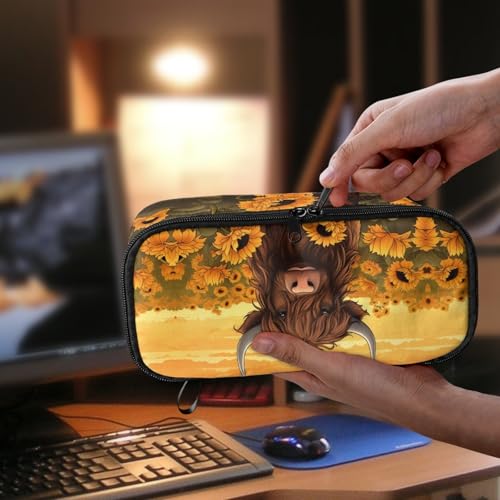Image of Cattle Sunflower Girls Pencil Pouch, Large Capacity Pencil Case for 3-18 Years Kids Children, Unisex Pencil Bag for School, Office, Makeup, Gift