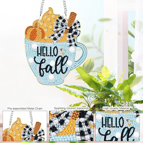 Image of AiYuanzsh Hello Fall Diamond Painting Hanging Kit, 5D DIY Cup Shaped Ornament, Crystal Rhinestone Diamond Art Pendant for Window, Door or Wall Decoration, Thanksgiving Autumn Home Decor Craft Gift