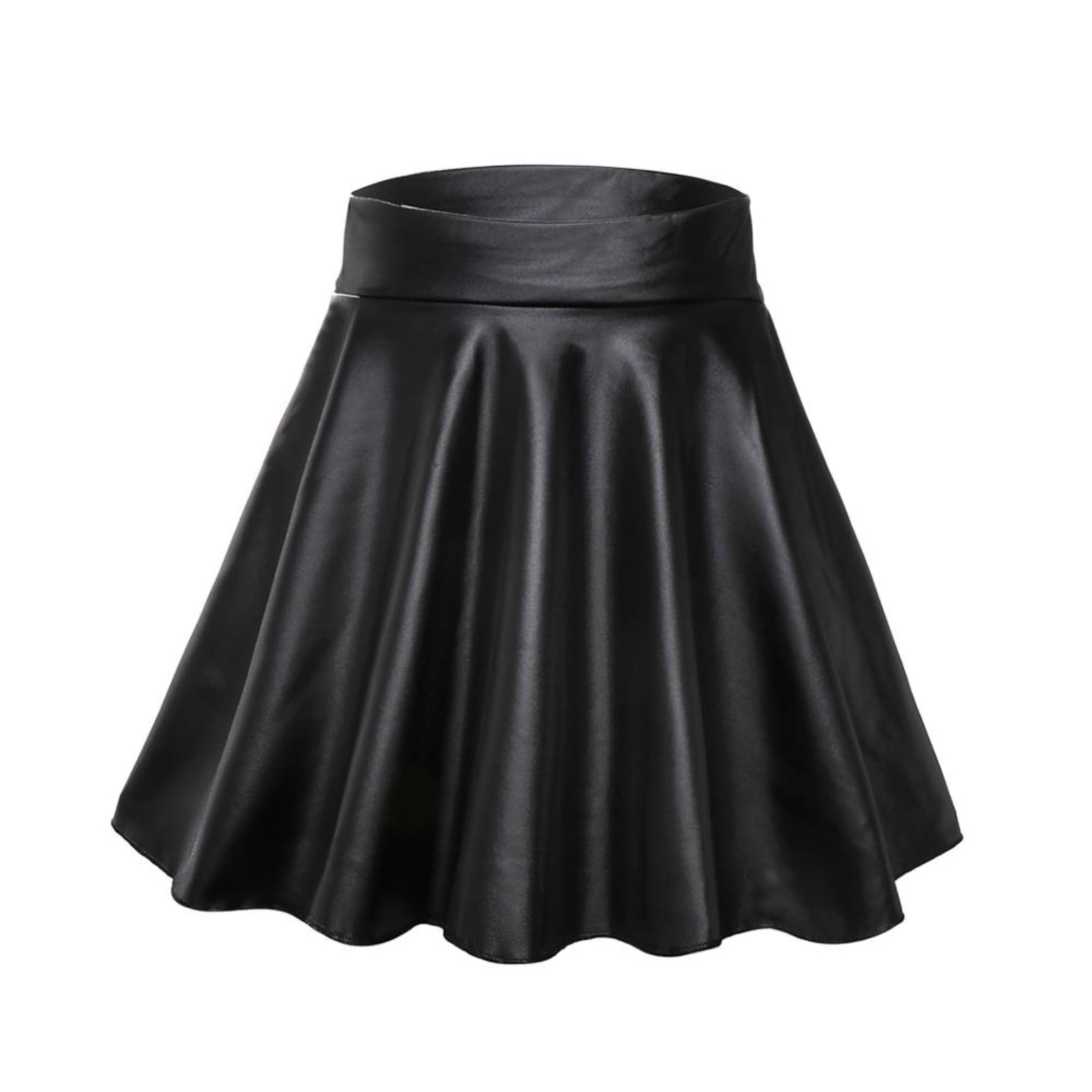Mini jupe en faux cuir noir patineuse évasée coupe A-line taille haute élastique pour femme