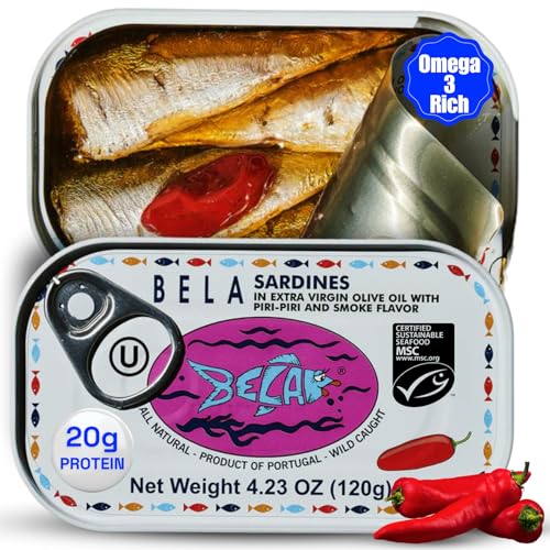 BELA Wild Caught Portuguese Sardines - Lightly Smoked and Marinated in Piri Piri Flavored Extra Virgin Olive Oil | 4.25 Oz (Pack of 1) | All Natural, High Protein, Hand Selected, Sea Salted, & Omega 3 Rich