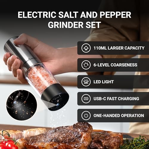 ThermoMaven Electric Salt and Pepper Grinder Set, 110ml Larger Rechargeable Automatic Salt and Pepper Mill Grinder with 6 Adjustable Coarseness,... - Image 2